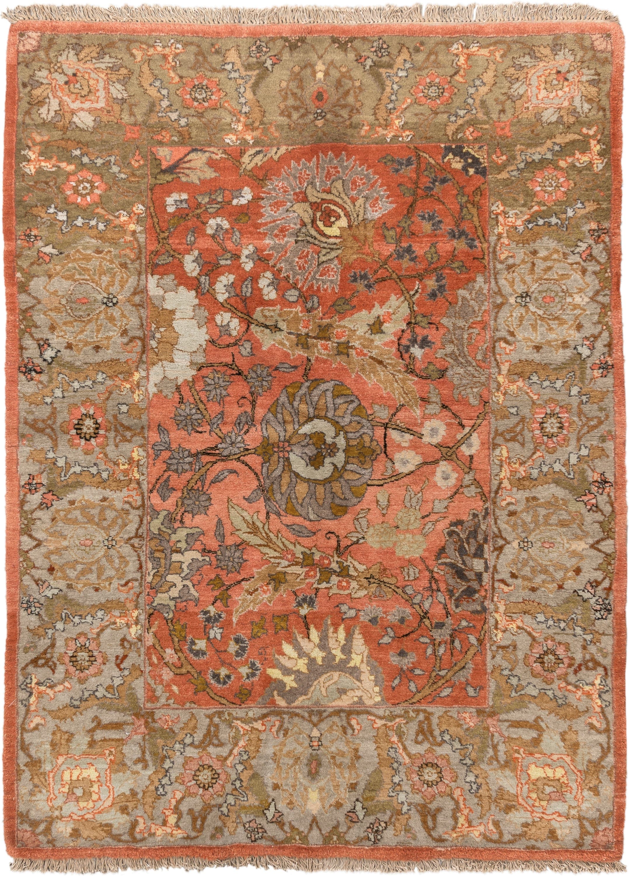 4' x 6' one-of-a-kind handmade vintage Bidjar small size rug. Color palette: coral, taupe, sage, ivory, camel, slate