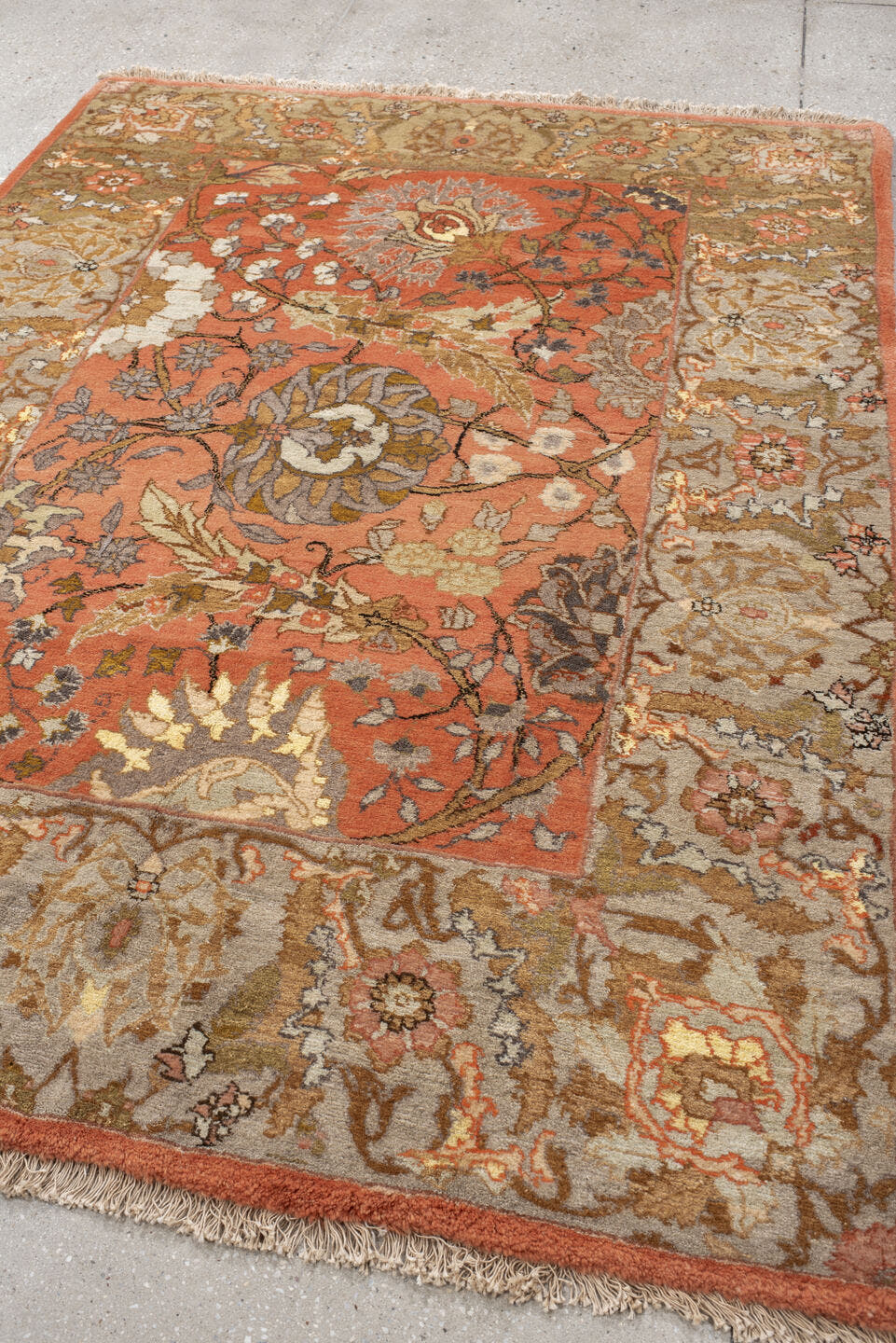 4' x 6' one-of-a-kind handmade vintage Bidjar small size rug. Color palette: coral, taupe, sage, ivory, camel, slate