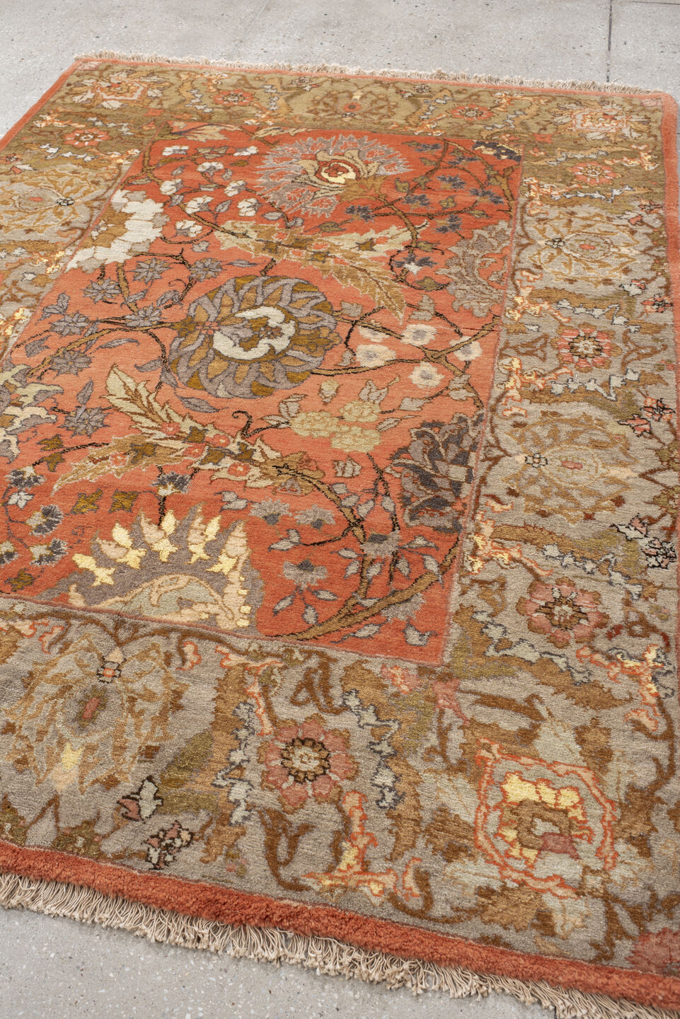 4' x 6' one-of-a-kind handmade vintage Bidjar small size rug. Color palette: coral, taupe, sage, ivory, camel, slate