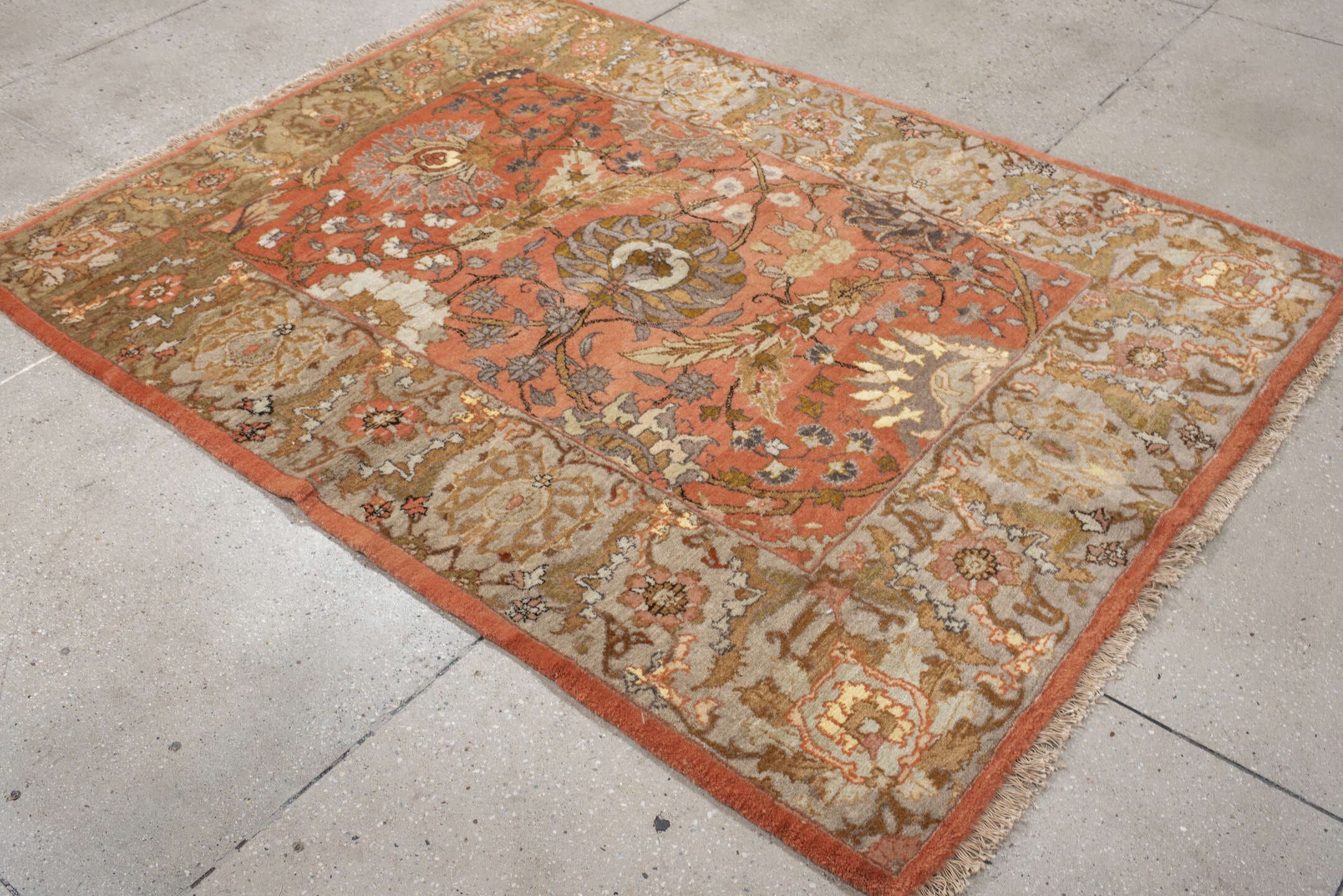 4' x 6' one-of-a-kind handmade vintage Bidjar small size rug. Color palette: coral, taupe, sage, ivory, camel, slate
