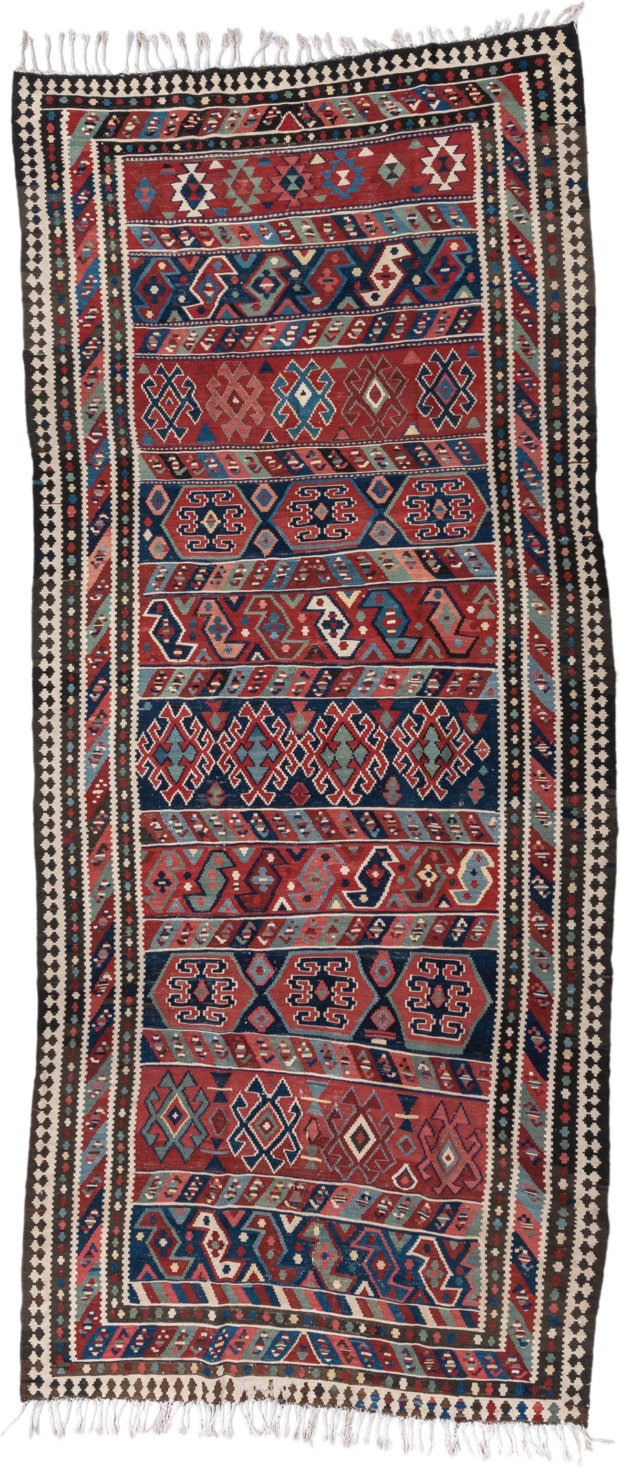 6' x 13' one-of-a-kind handmade vintage Kilim large size rug. Color palette: rust, navy, ivory, sky blue, black, rose, taupe