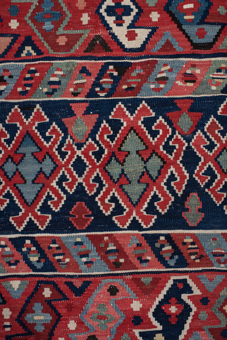 6' x 13' one-of-a-kind handmade vintage Kilim large size rug. Color palette: rust, navy, ivory, sky blue, black, rose, taupe