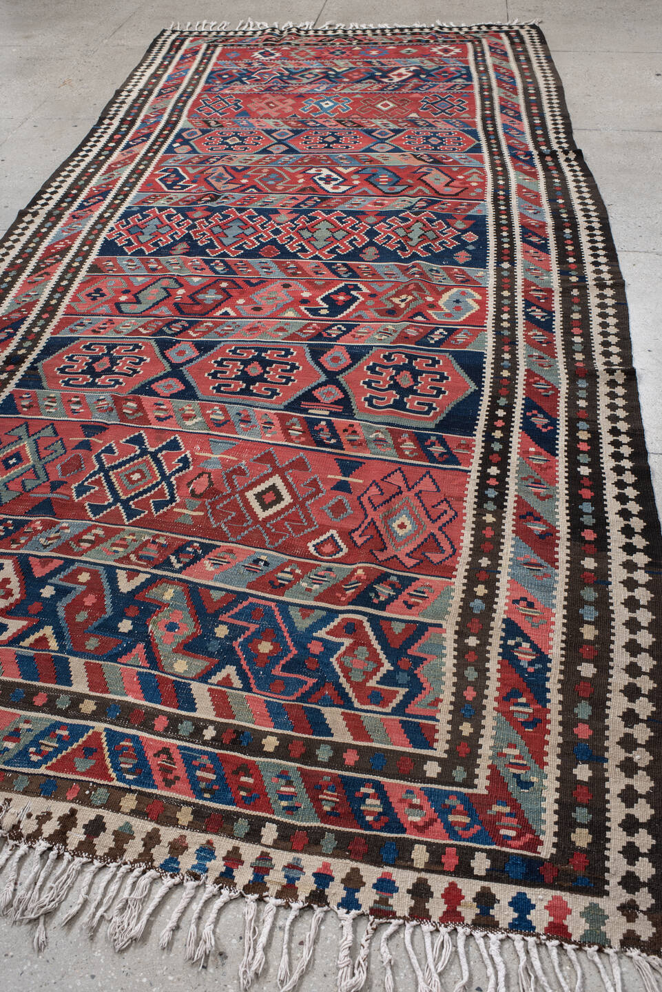 6' x 13' one-of-a-kind handmade vintage Kilim large size rug. Color palette: rust, navy, ivory, sky blue, black, rose, taupe