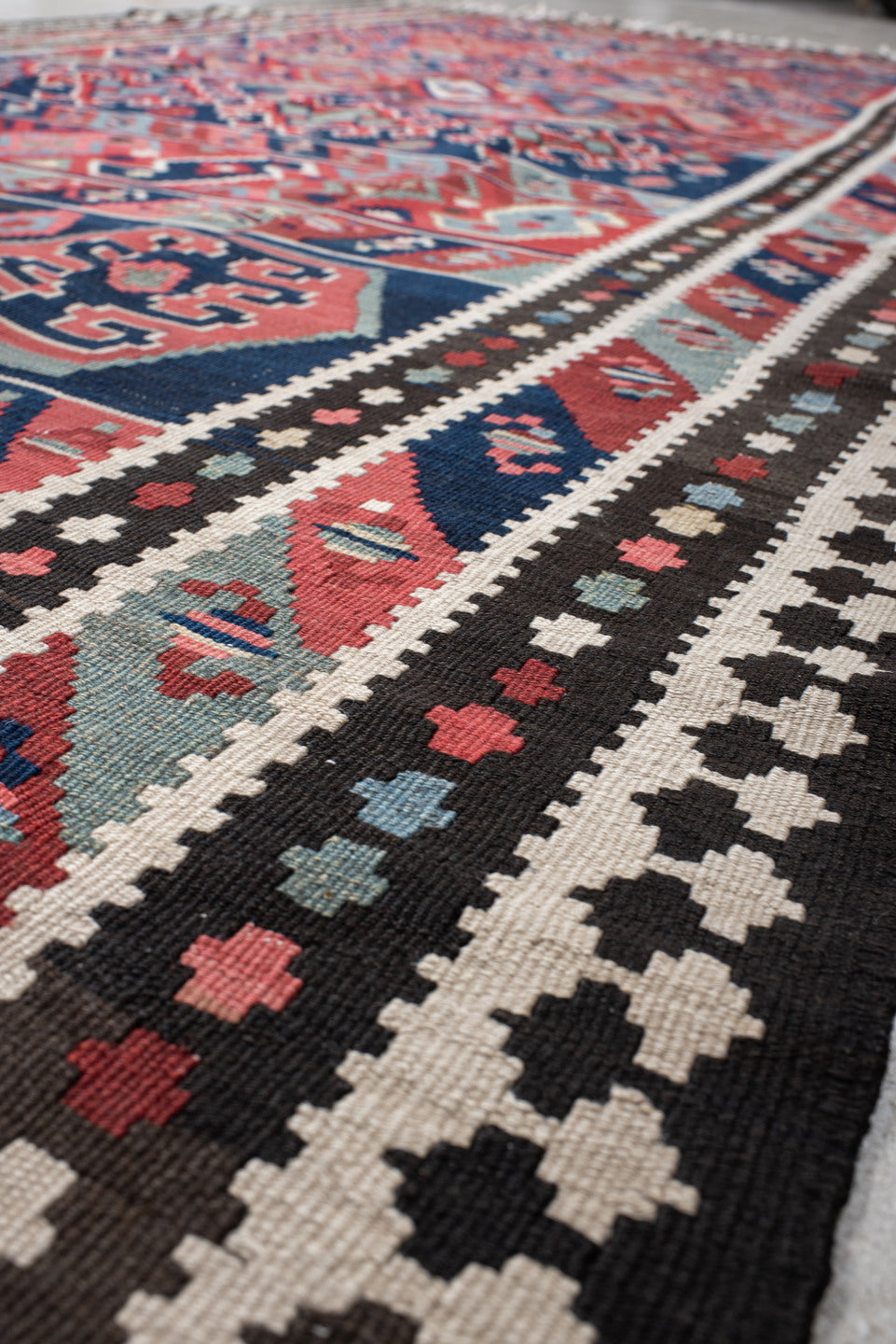 6' x 13' one-of-a-kind handmade vintage Kilim large size rug. Color palette: rust, navy, ivory, sky blue, black, rose, taupe