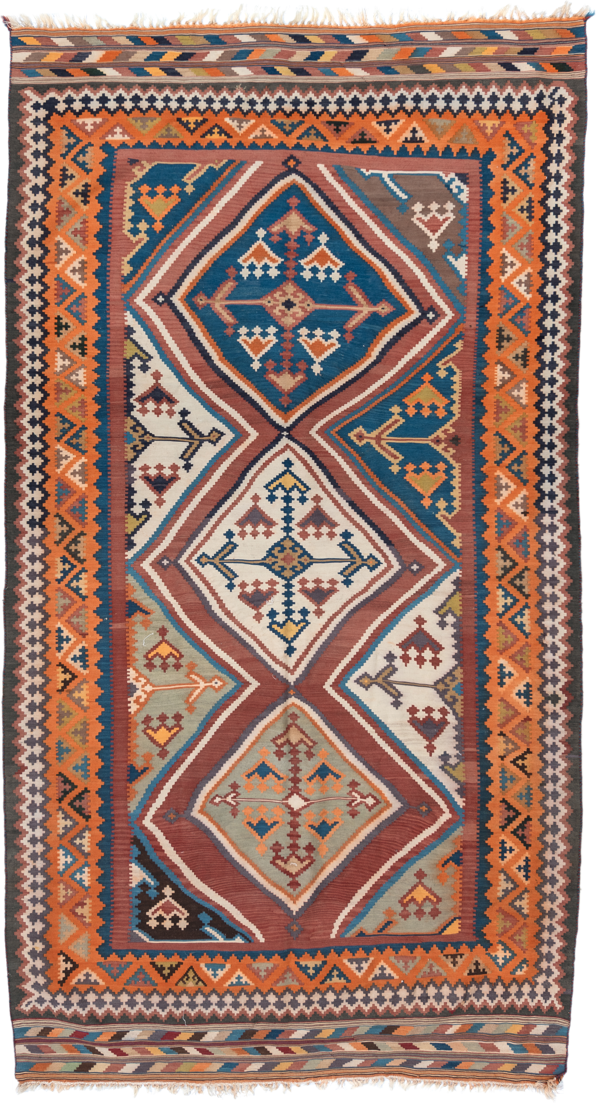 5' x 9' one-of-a-kind handmade vintage Kilim medium size rug. Color palette: terra cotta, ivory, teal, rust, brown, navy