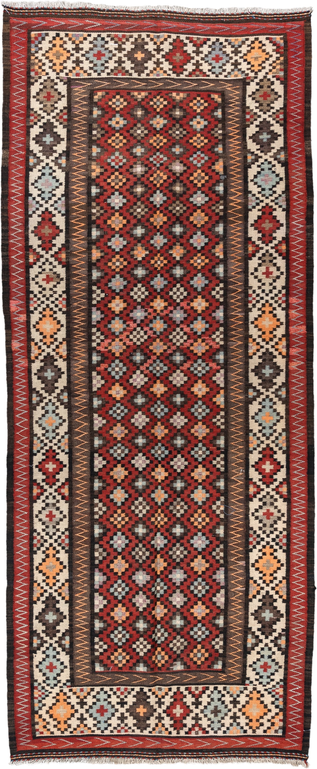 4' x 9' one-of-a-kind handmade vintage Kilim runner rug. Color palette: rust, ivory, charcoal, brown, sky blue, saffron