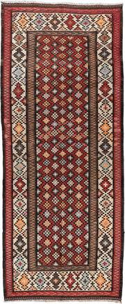 4' x 9' one-of-a-kind handmade vintage Kilim runner rug. Color palette: rust, ivory, charcoal, brown, sky blue, saffron