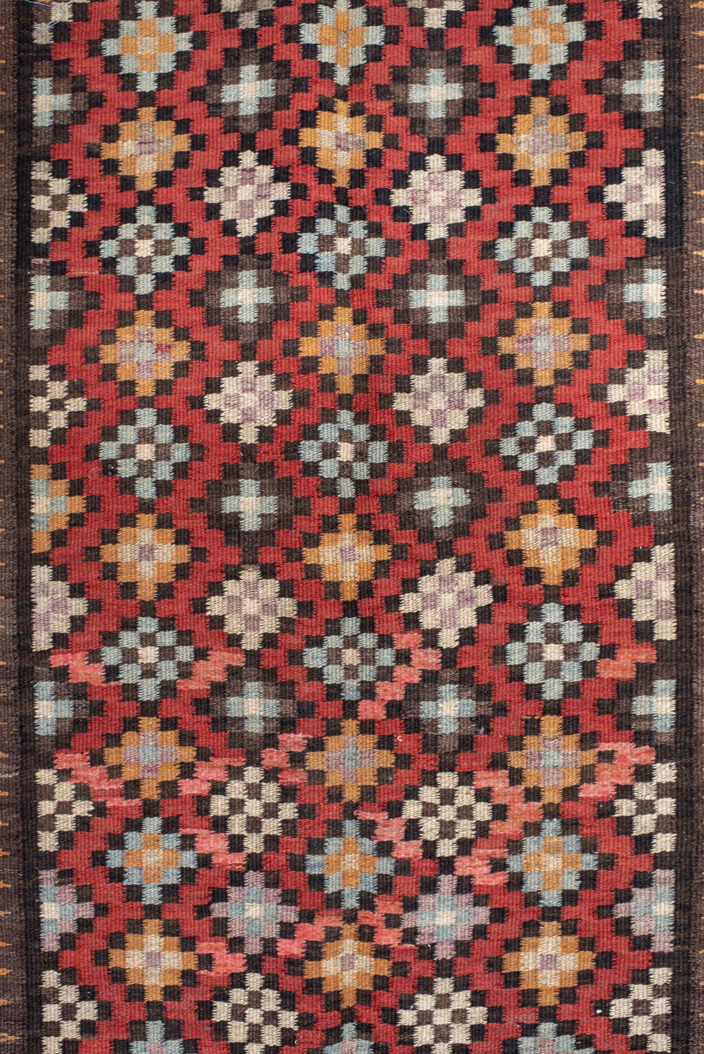 4' x 9' one-of-a-kind handmade vintage Kilim runner rug. Color palette: rust, ivory, charcoal, brown, sky blue, saffron