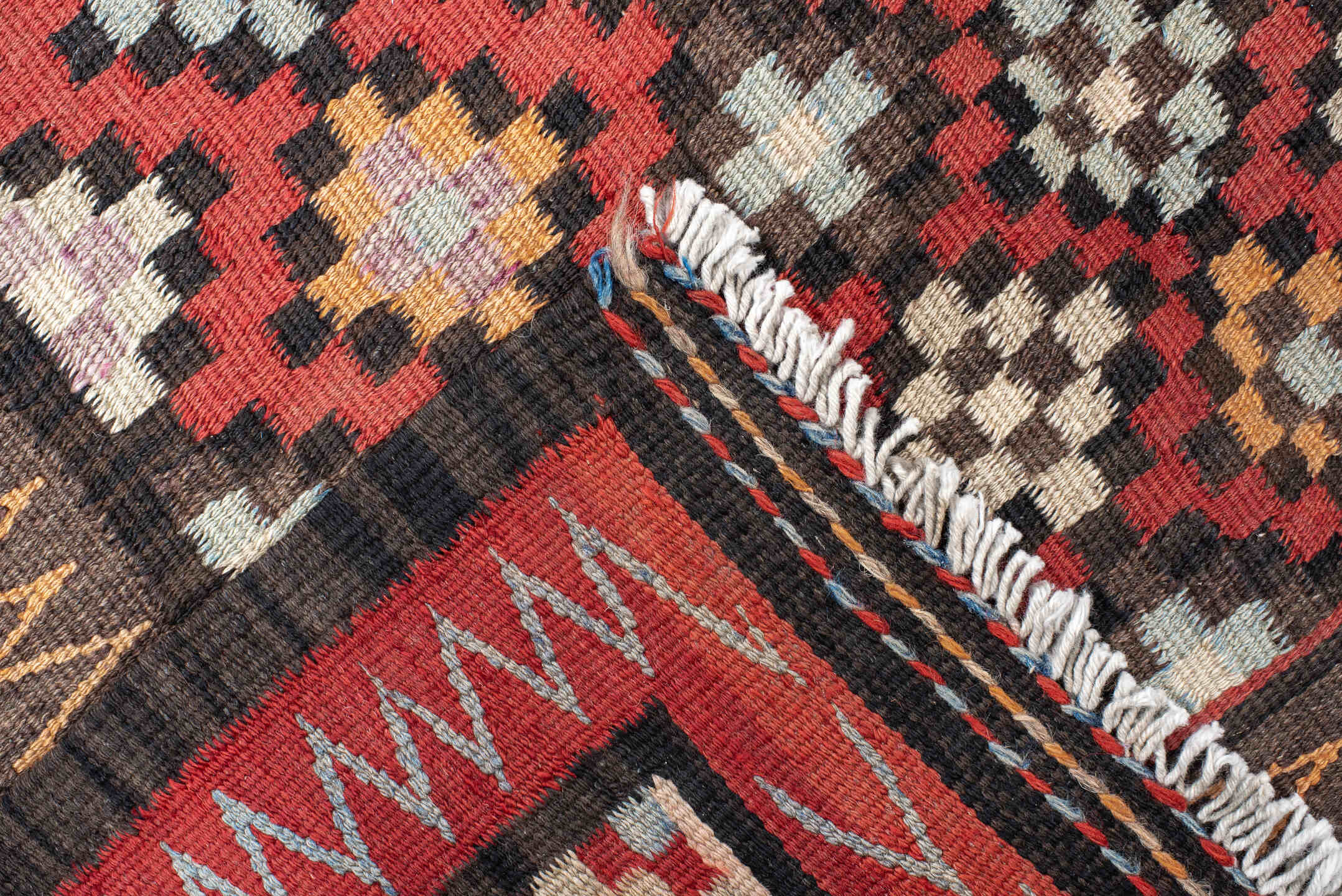 4' x 9' one-of-a-kind handmade vintage Kilim runner rug. Color palette: rust, ivory, charcoal, brown, sky blue, saffron