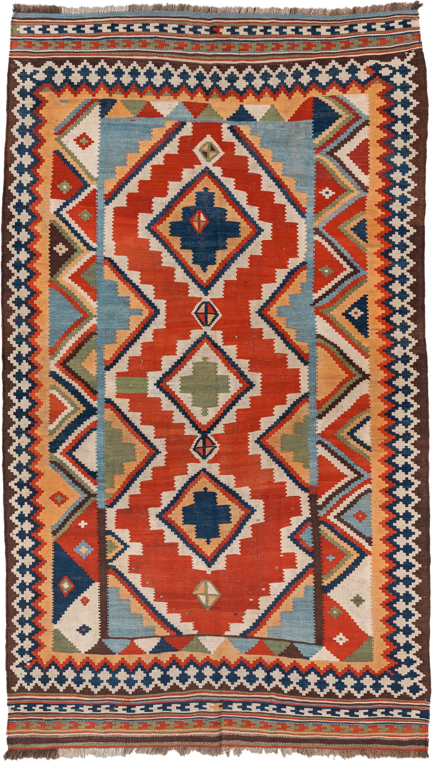 4' x 8' one-of-a-kind handmade vintage Kilim rug. Color palette: rust, ivory, sky_blue, navy, brown, camel, olive, coral