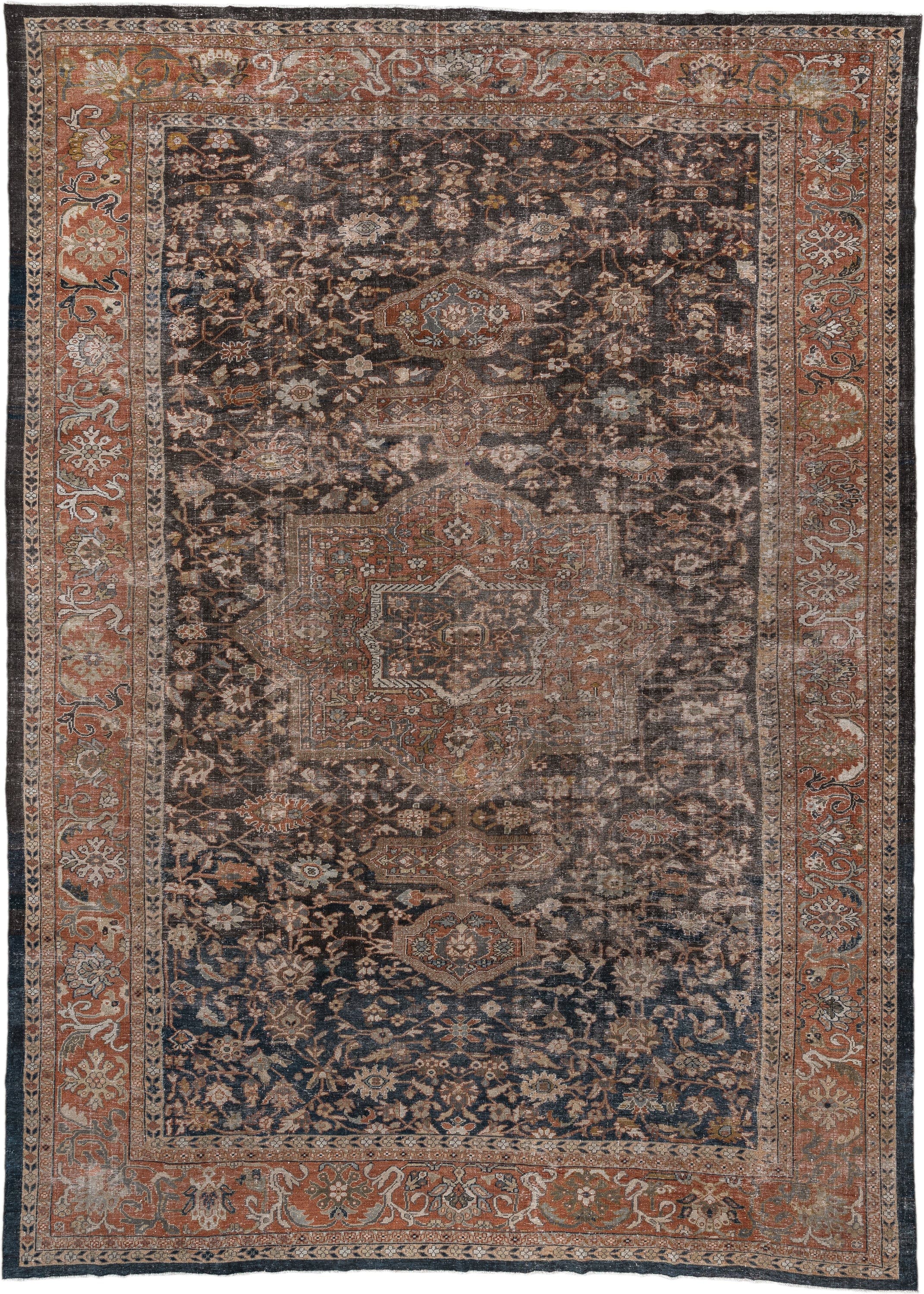 12' x 17' one-of-a-kind handmade antique Mahal oversize rug. Color palette: charcoal, rust, ivory, taupe, slate, camel, sage