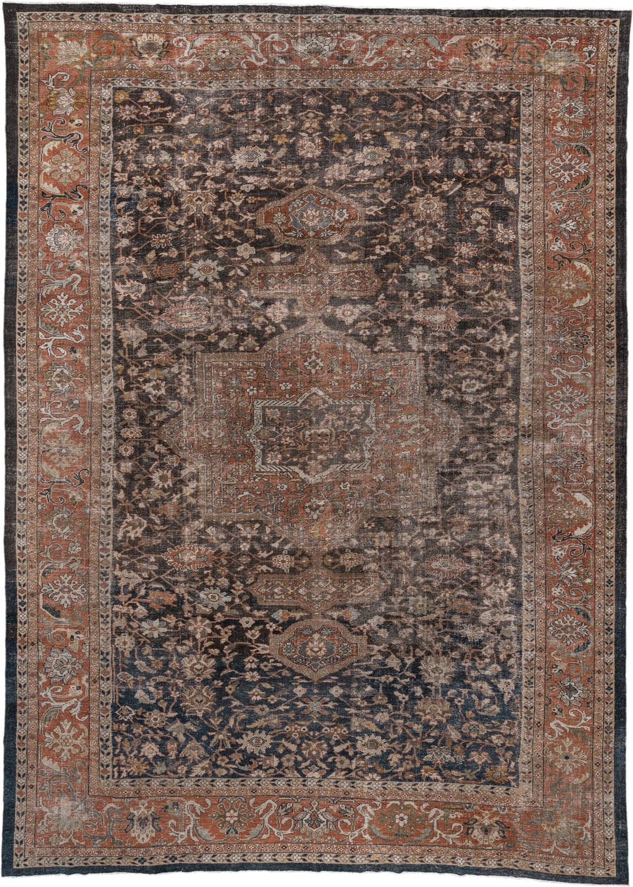 12' x 17' one-of-a-kind handmade antique Mahal oversize rug. Color palette: charcoal, rust, ivory, taupe, slate, camel, sage