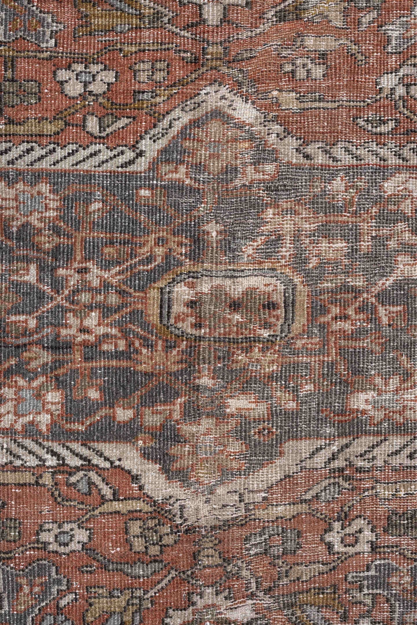 12' x 17' one-of-a-kind handmade antique Mahal oversize rug. Color palette: charcoal, rust, ivory, taupe, slate, camel, sage
