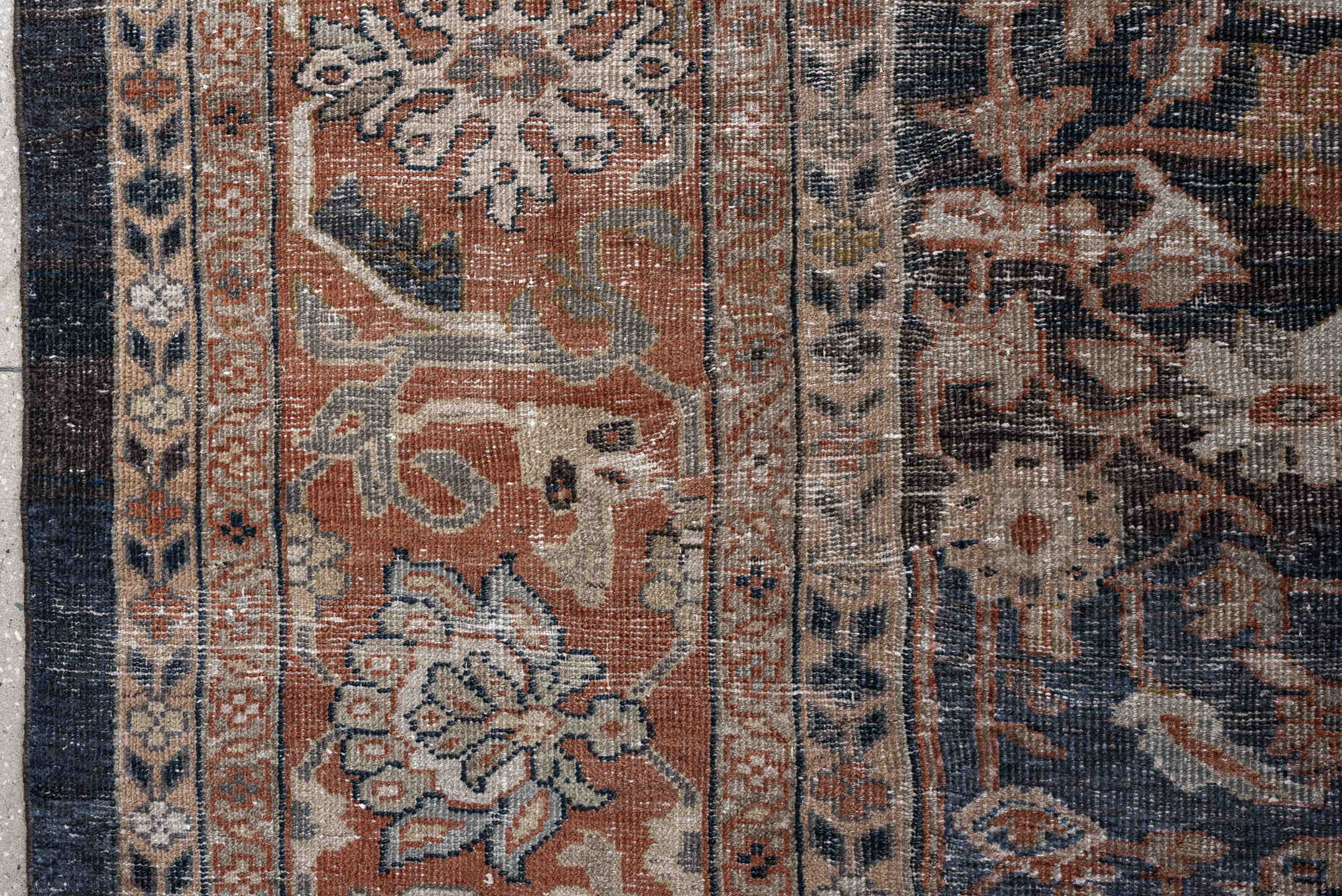 12' x 17' one-of-a-kind handmade antique Mahal oversize rug. Color palette: charcoal, rust, ivory, taupe, slate, camel, sage