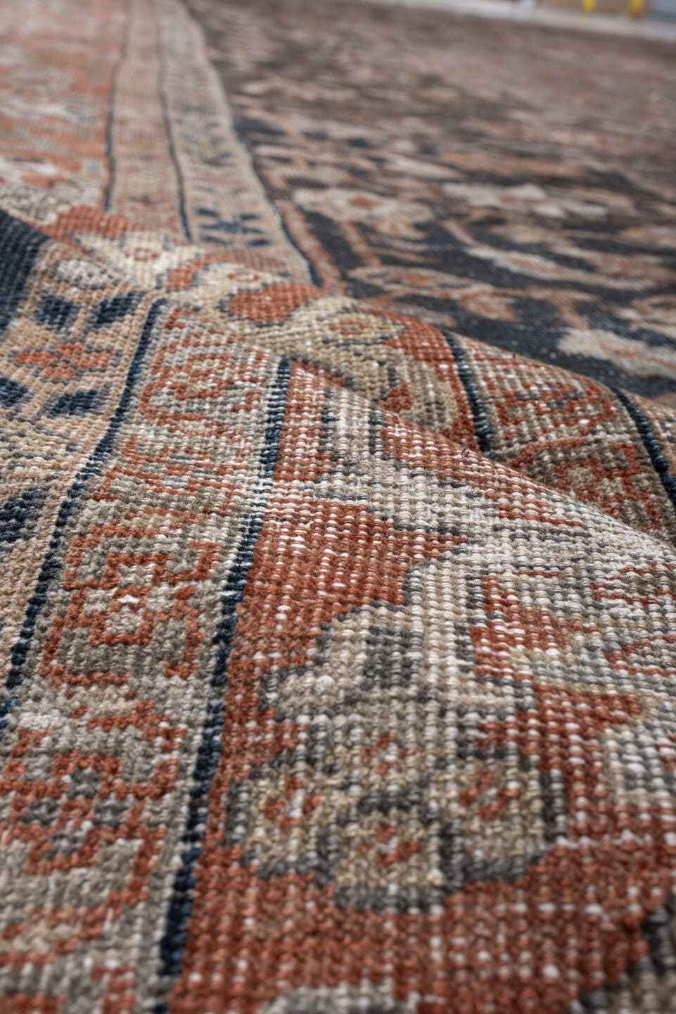 12' x 17' one-of-a-kind handmade antique Mahal oversize rug. Color palette: charcoal, rust, ivory, taupe, slate, camel, sage