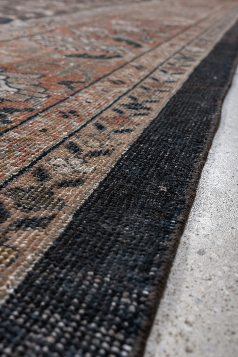12' x 17' one-of-a-kind handmade antique Mahal oversize rug. Color palette: charcoal, rust, ivory, taupe, slate, camel, sage