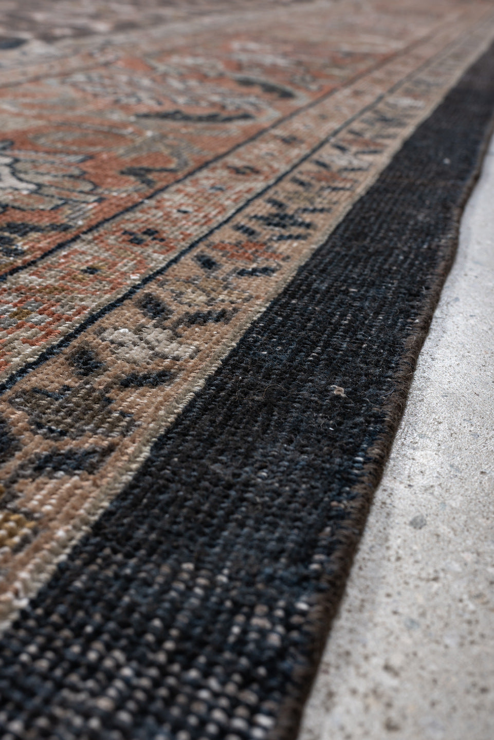 12' x 17' one-of-a-kind handmade antique Mahal oversize rug. Color palette: charcoal, rust, ivory, taupe, slate, camel, sage