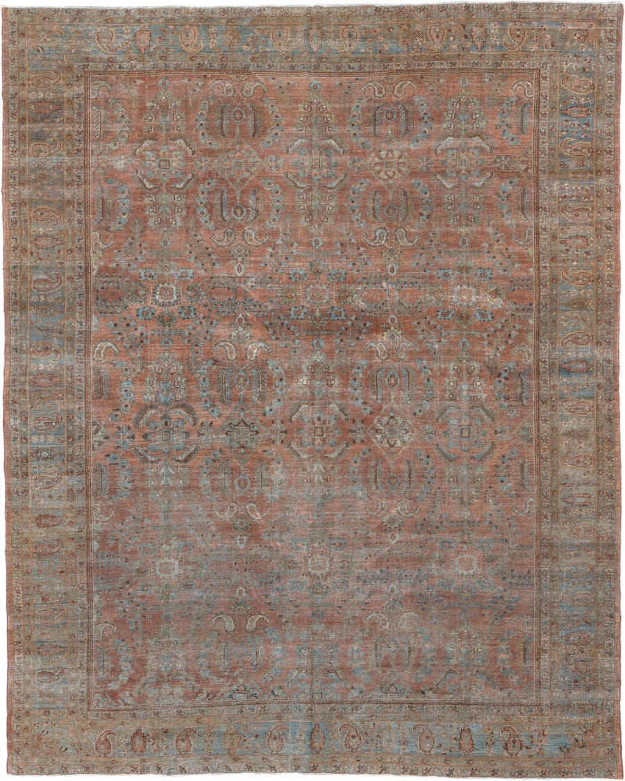 9' x 12' one-of-a-kind handmade antique Lilian large size rug. Color palette: terra cotta, dusty blue, taupe, ivory, sage
