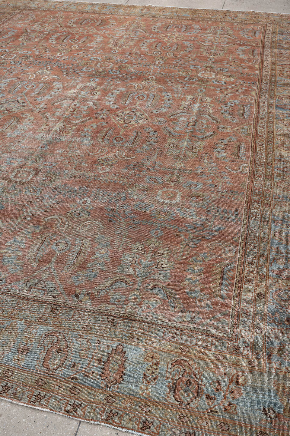 9' x 12' one-of-a-kind handmade antique Lilian large size rug. Color palette: terra cotta, dusty blue, taupe, ivory, sage