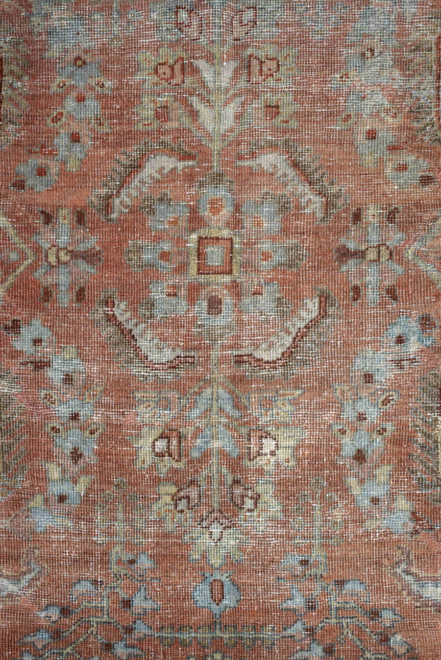 9' x 12' one-of-a-kind handmade antique Lilian large size rug. Color palette: terra cotta, dusty blue, taupe, ivory, sage