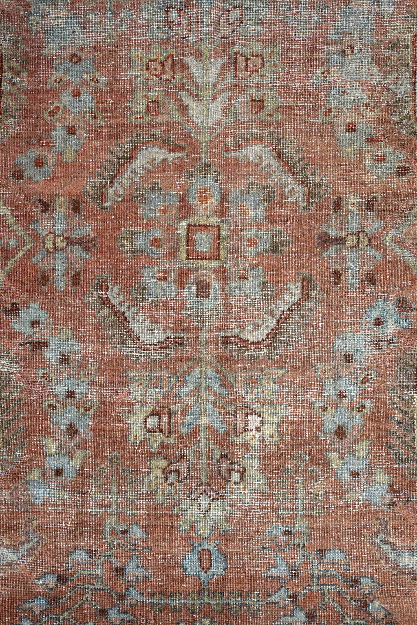 9' x 12' one-of-a-kind handmade antique Lilian large size rug. Color palette: terra cotta, dusty blue, taupe, ivory, sage