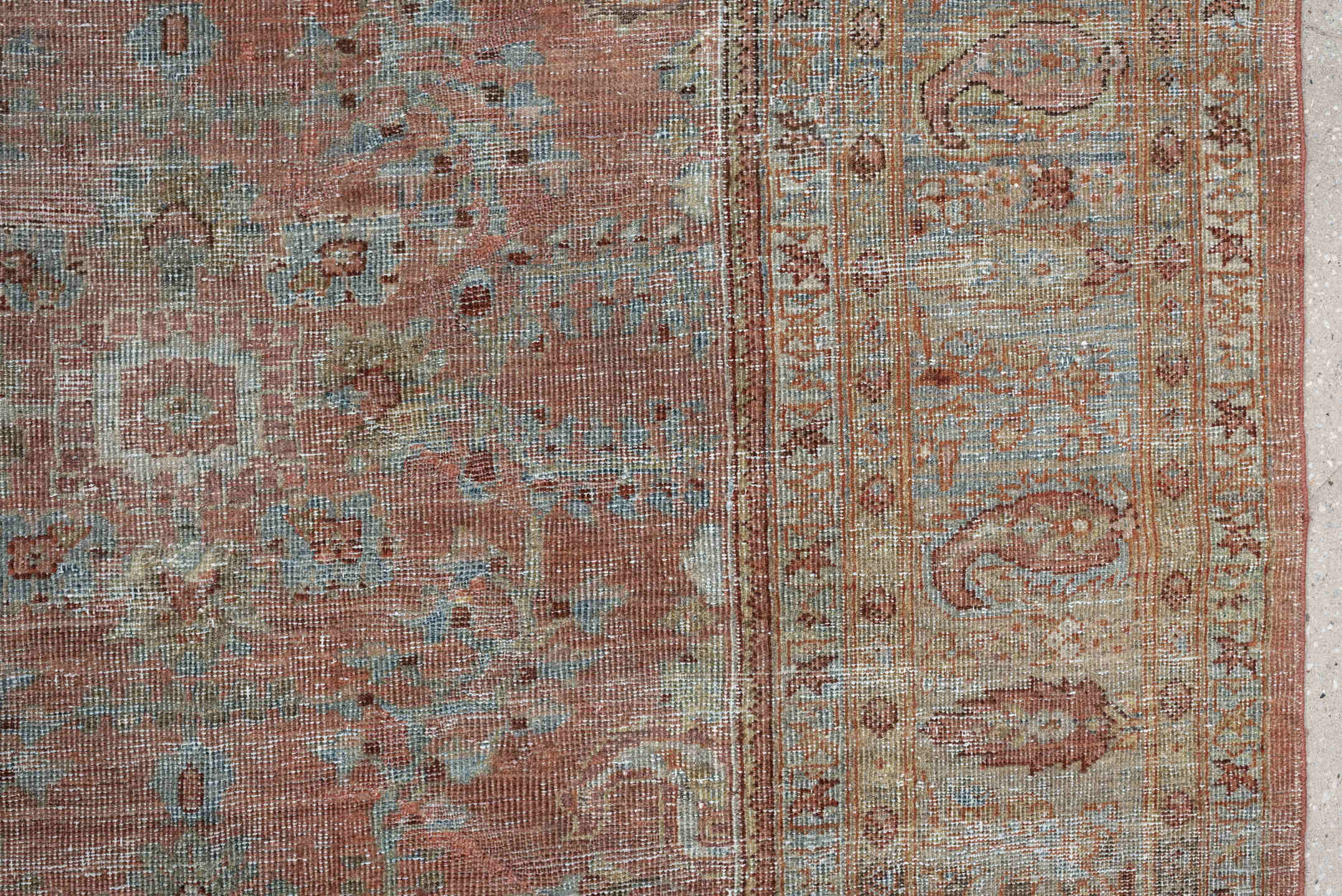 9' x 12' one-of-a-kind handmade antique Lilian large size rug. Color palette: terra cotta, dusty blue, taupe, ivory, sage