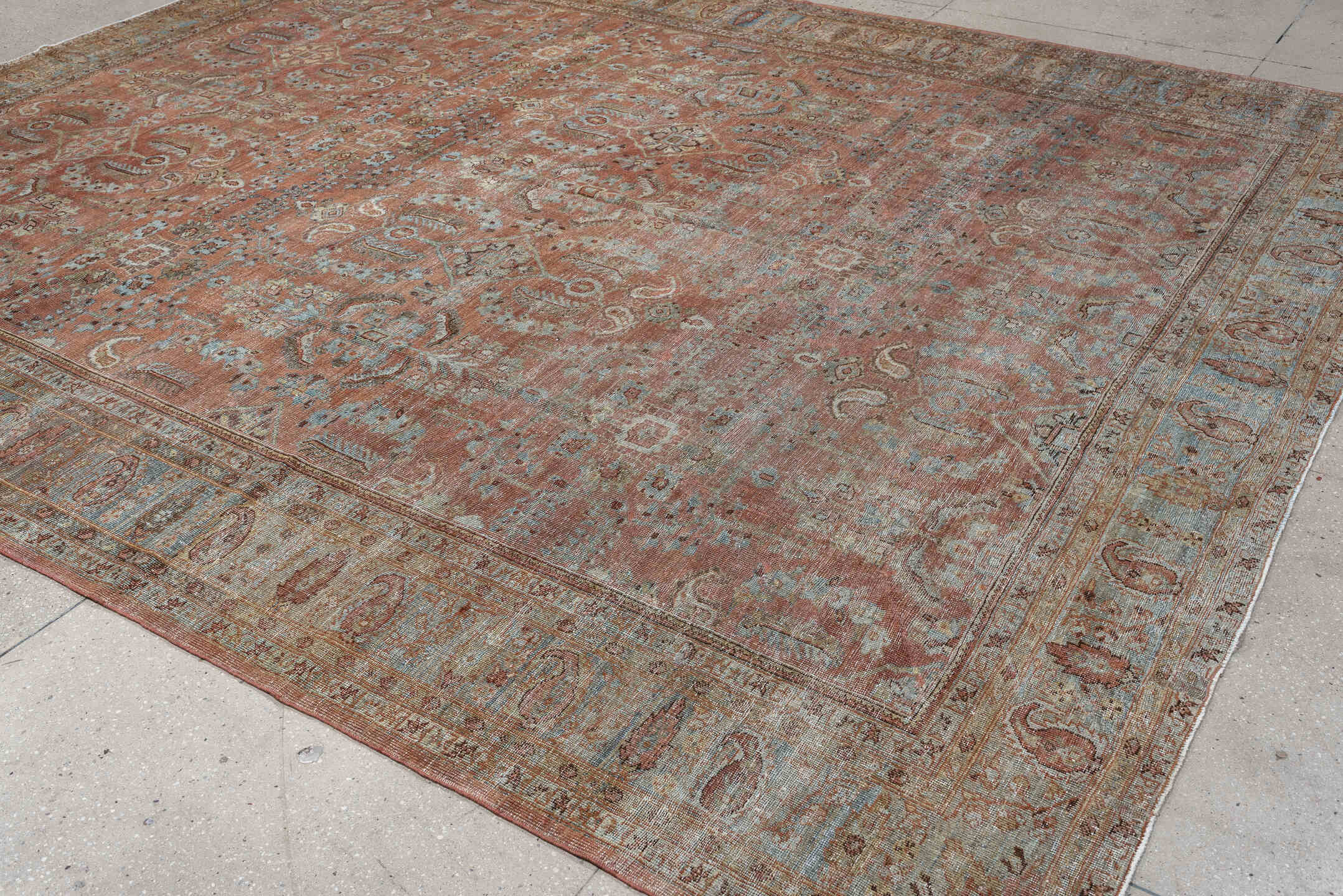 9' x 12' one-of-a-kind handmade antique Lilian large size rug. Color palette: terra cotta, dusty blue, taupe, ivory, sage