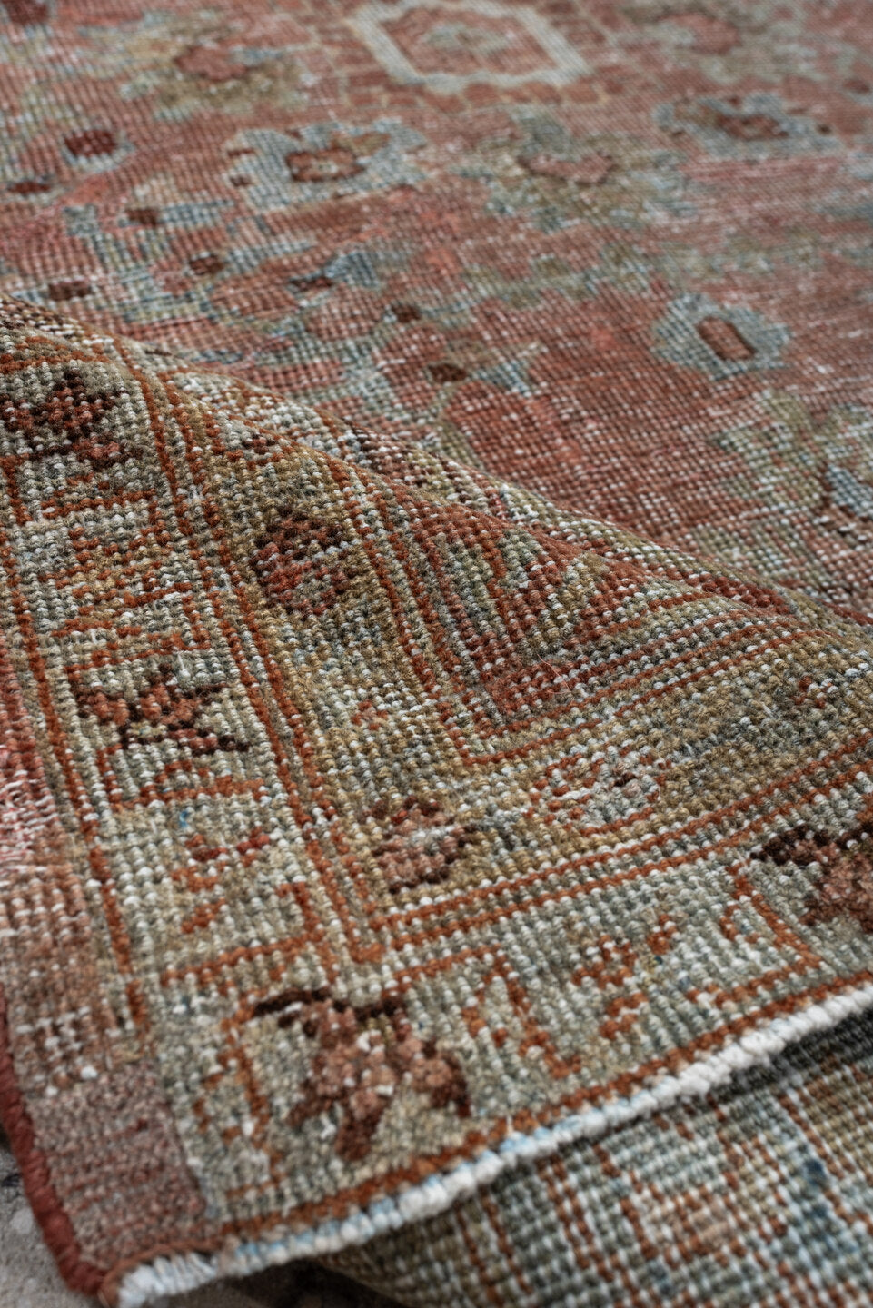 9' x 12' one-of-a-kind handmade antique Lilian large size rug. Color palette: terra cotta, dusty blue, taupe, ivory, sage