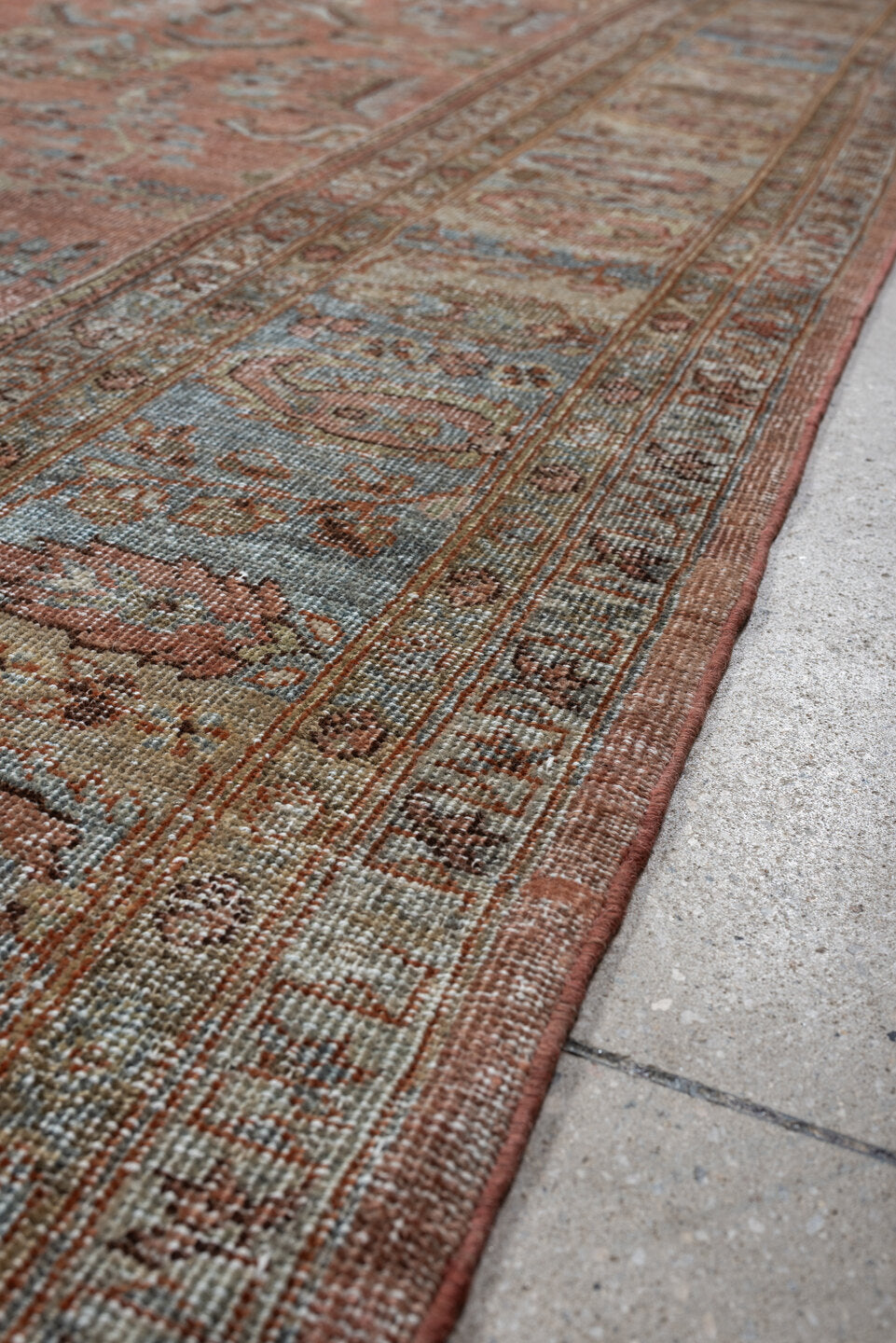 9' x 12' one-of-a-kind handmade antique Lilian large size rug. Color palette: terra cotta, dusty blue, taupe, ivory, sage