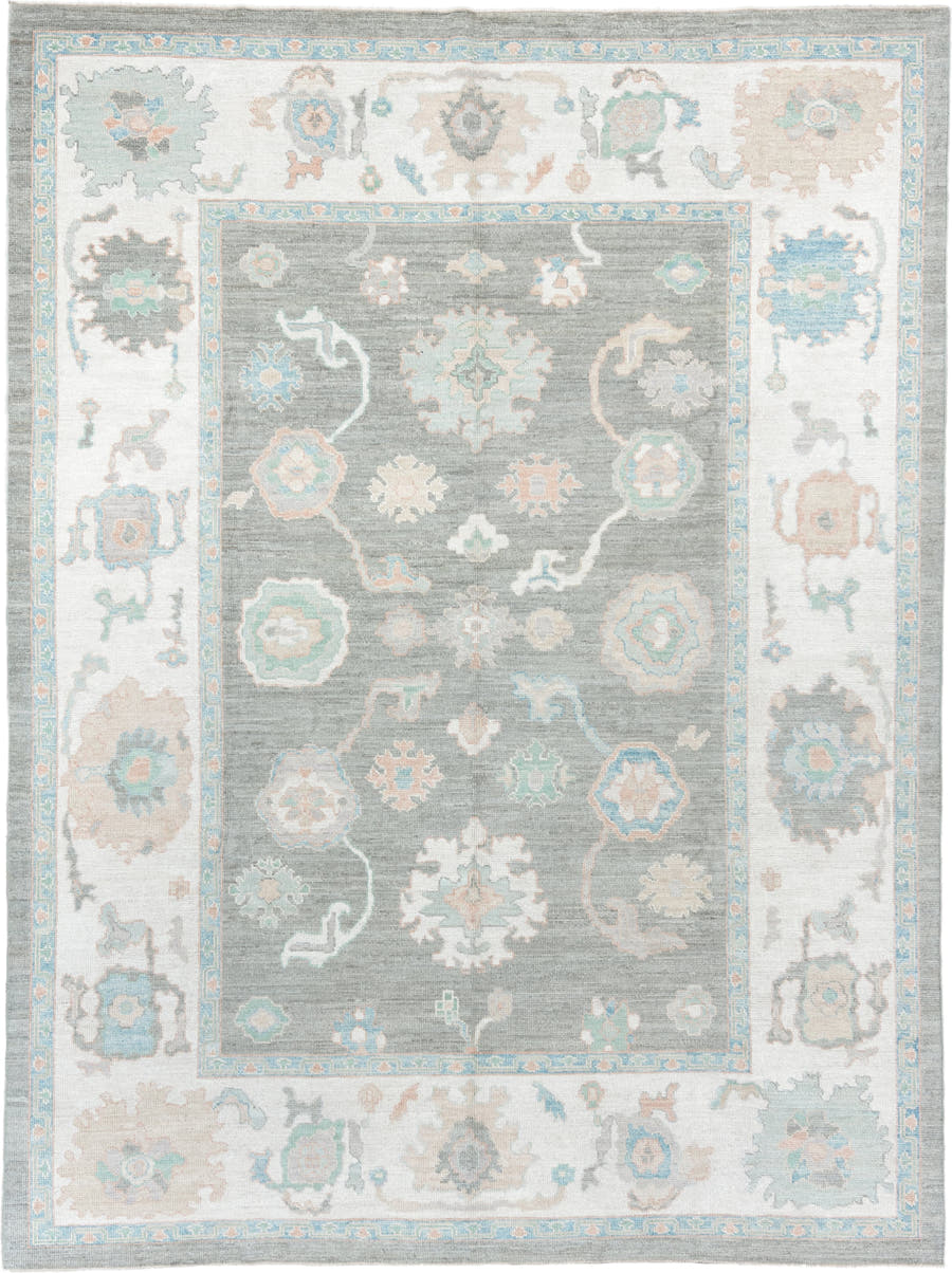 9' x 12' one-of-a-kind handmade vintage Oushak large size rug. Color palette: gray, ivory, pale aqua, taupe, blush, beige