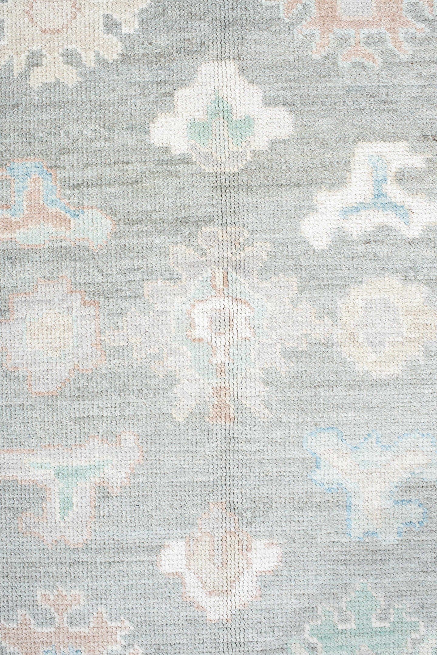 9' x 12' one-of-a-kind handmade vintage Oushak large size rug. Color palette: gray, ivory, pale aqua, taupe, blush, beige