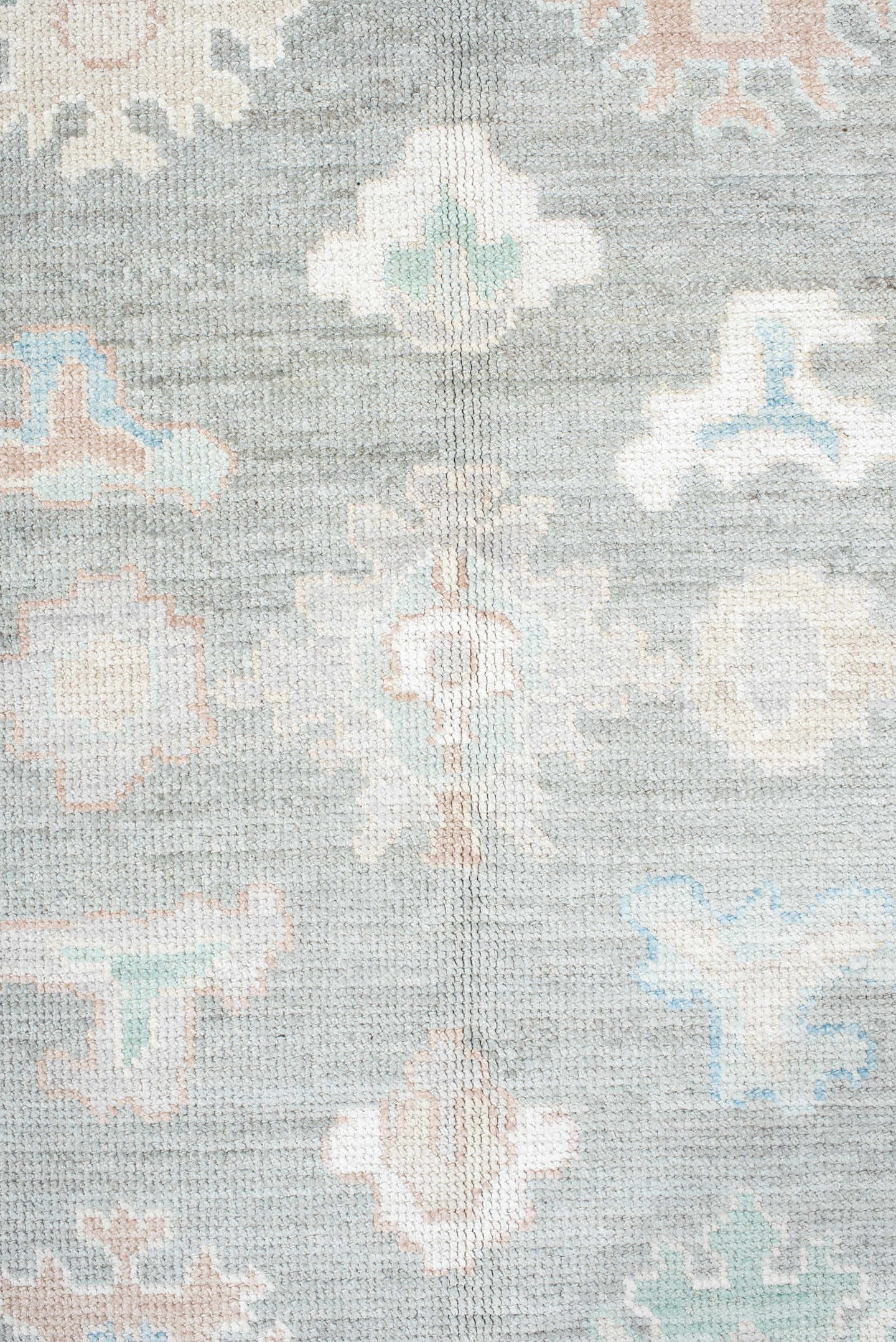 9' x 12' one-of-a-kind handmade vintage Oushak large size rug. Color palette: gray, ivory, pale aqua, taupe, blush, beige
