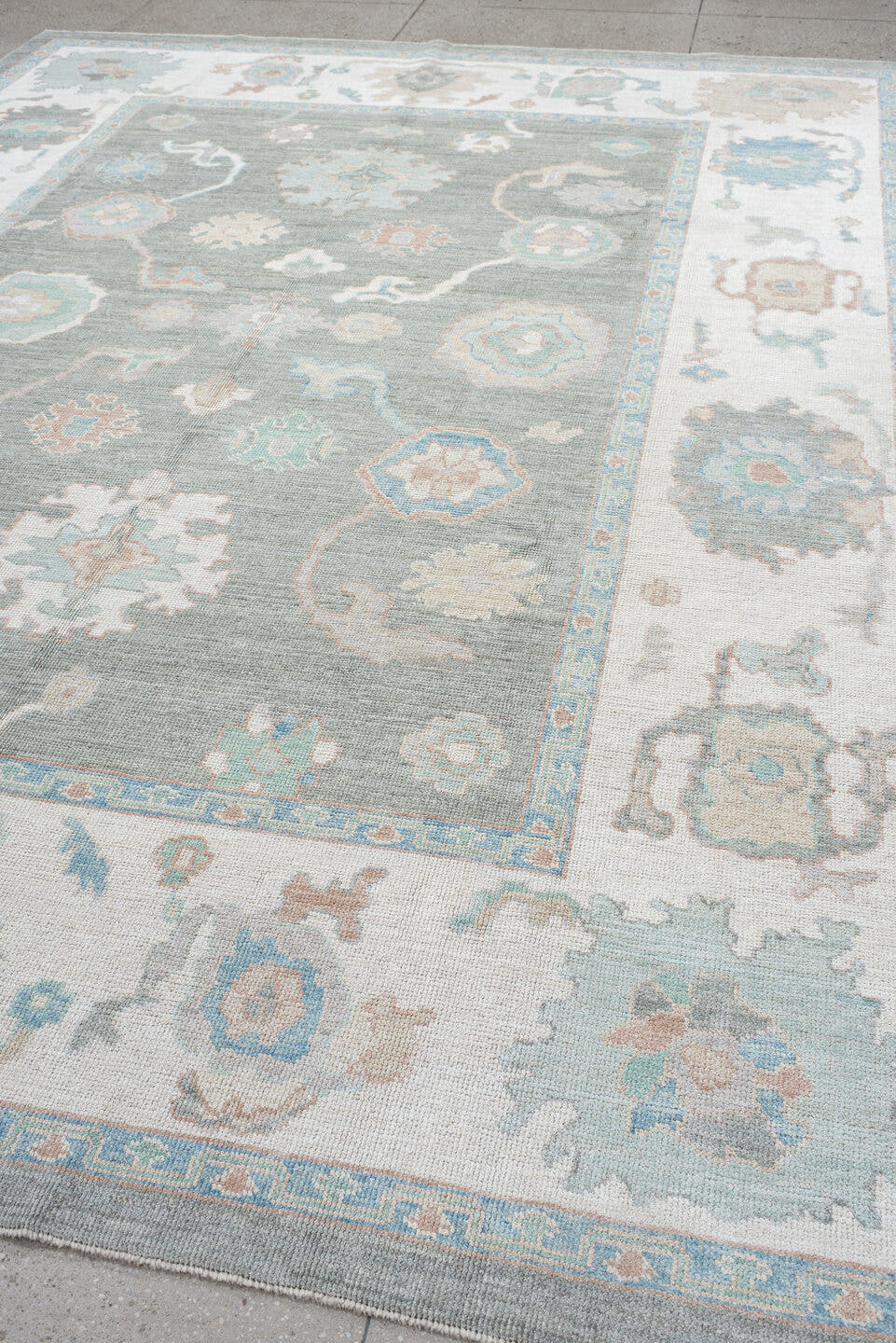 9' x 12' one-of-a-kind handmade vintage Oushak large size rug. Color palette: gray, ivory, pale aqua, taupe, blush, beige