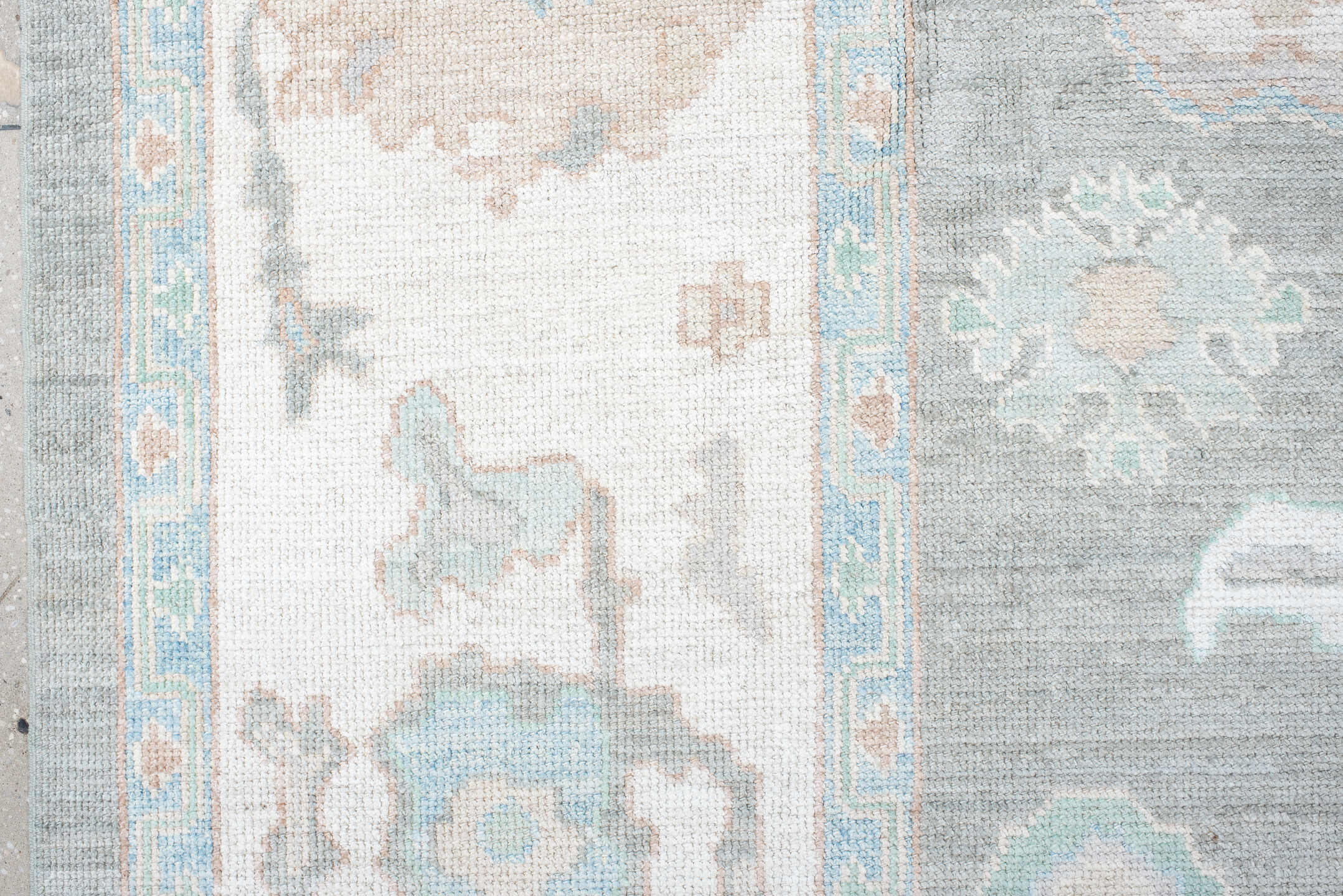 9' x 12' one-of-a-kind handmade vintage Oushak large size rug. Color palette: gray, ivory, pale aqua, taupe, blush, beige