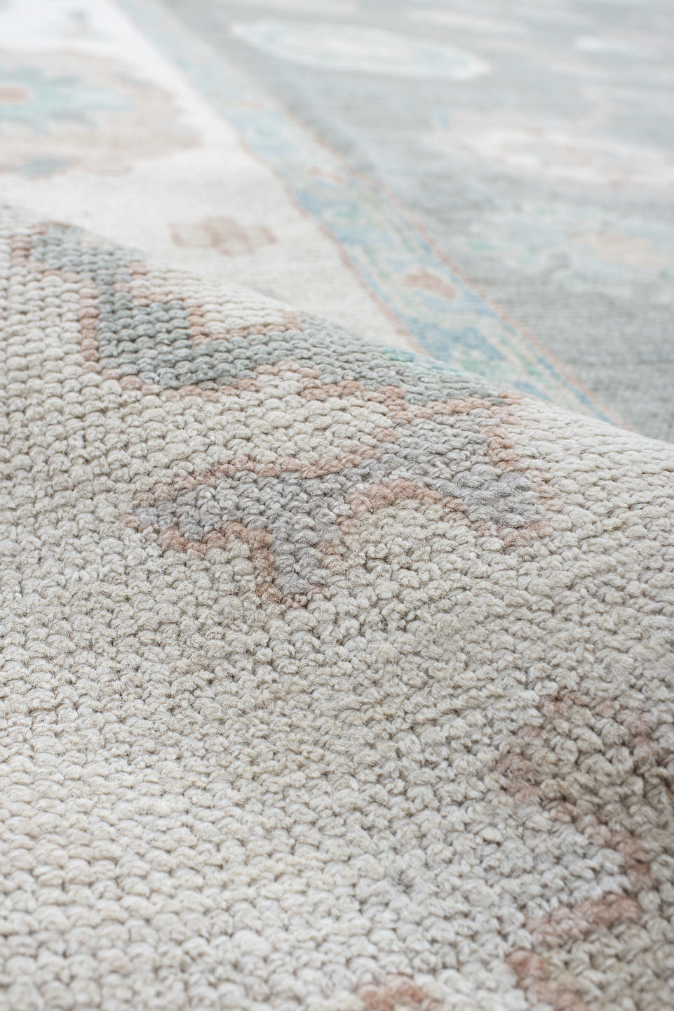 9' x 12' one-of-a-kind handmade vintage Oushak large size rug. Color palette: gray, ivory, pale aqua, taupe, blush, beige