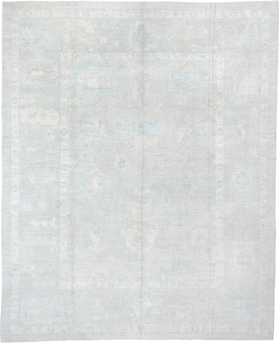 12' x 14' one-of-a-kind handmade vintage Oushak oversize rug. Color palette: ivory, pale blue, light gray, cream, light blue