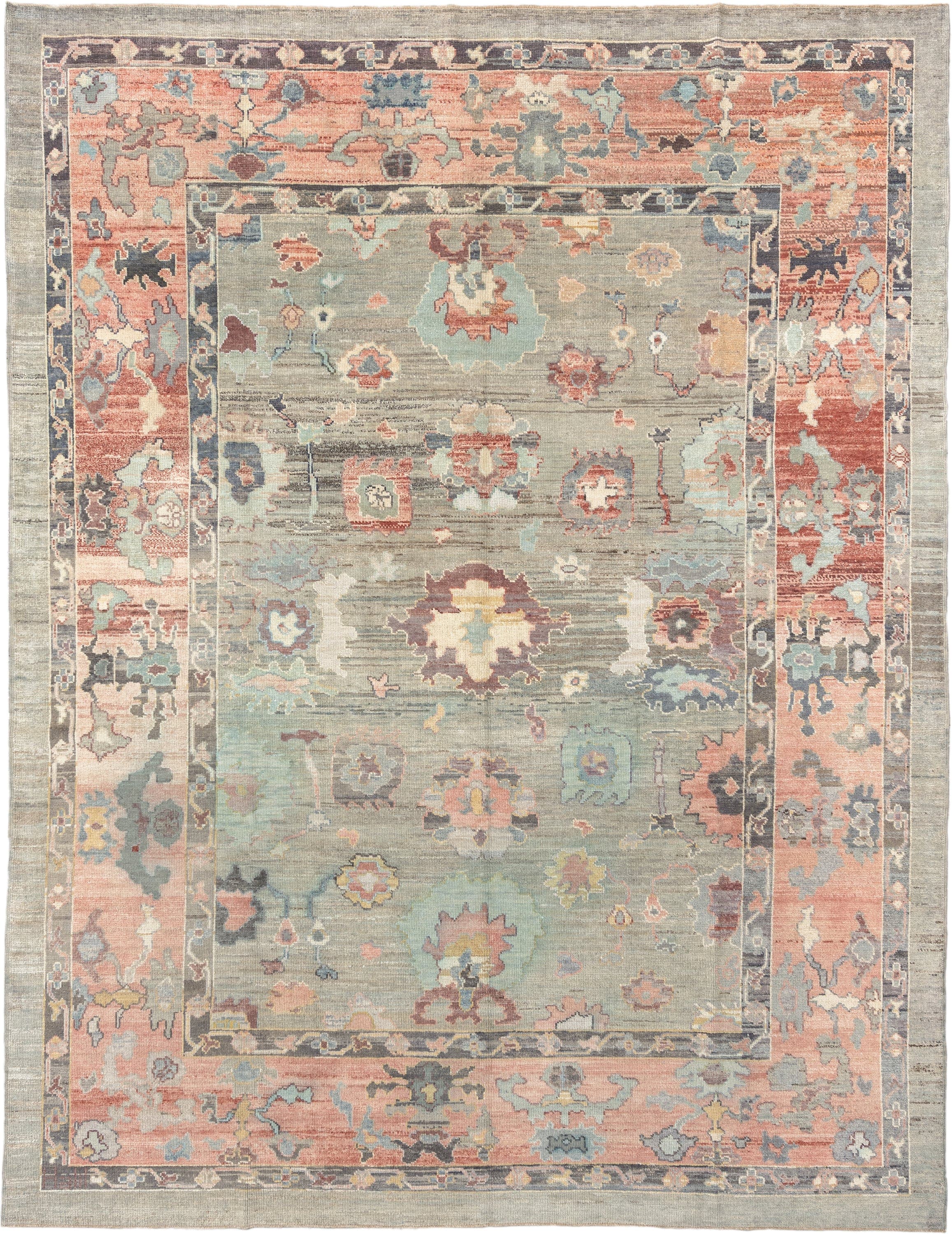 9' x 12' one-of-a-kind handmade vintage Oushak large size rug. Color palette: gray, salmon, aqua, slate, ivory, rust, taupe