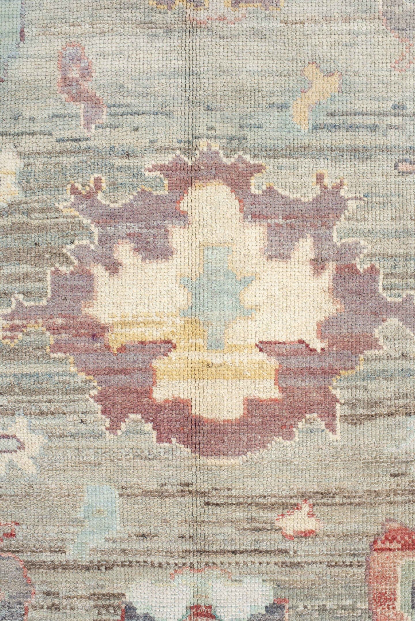 9' x 12' one-of-a-kind handmade vintage Oushak large size rug. Color palette: gray, salmon, aqua, slate, ivory, rust, taupe