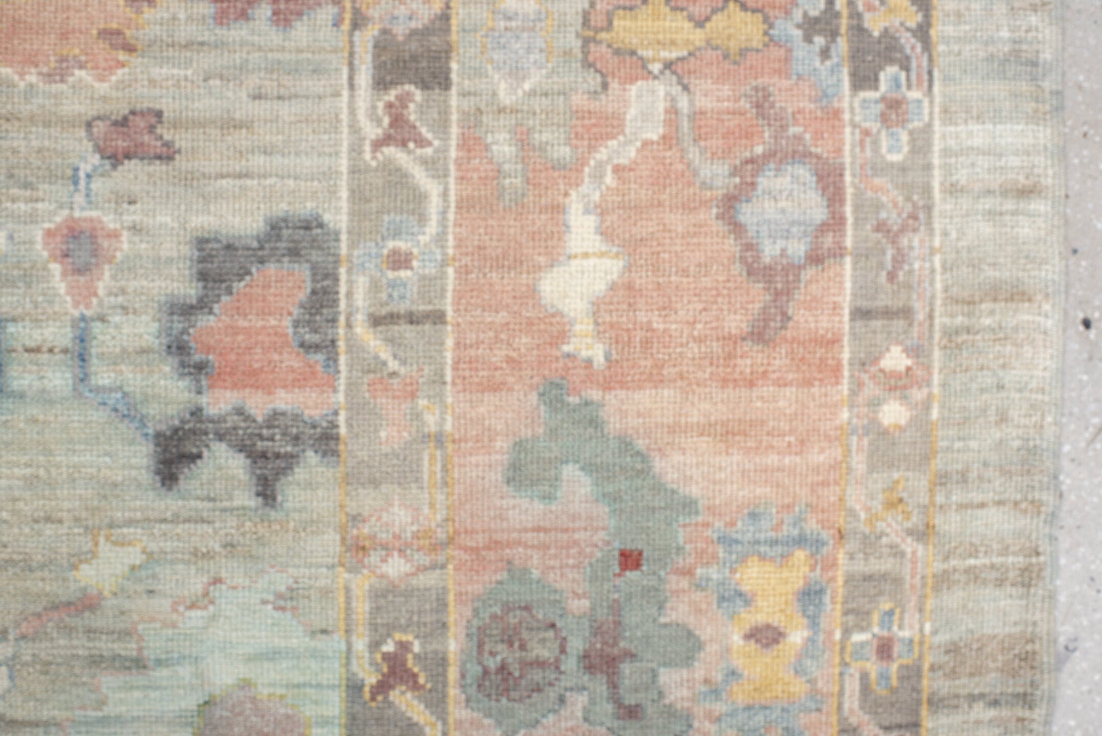 9' x 12' one-of-a-kind handmade vintage Oushak large size rug. Color palette: gray, salmon, aqua, slate, ivory, rust, taupe