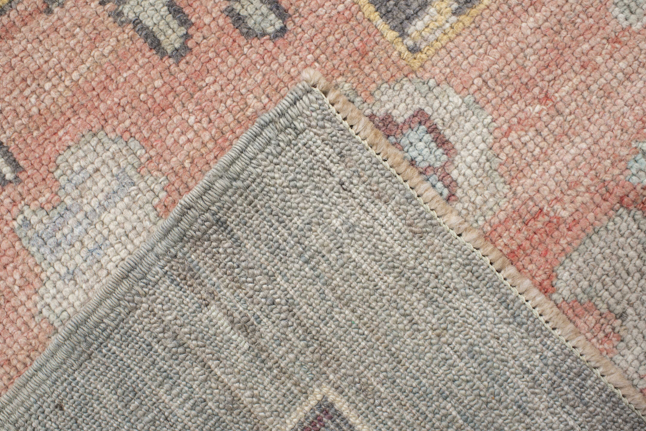 9' x 12' one-of-a-kind handmade vintage Oushak large size rug. Color palette: gray, salmon, aqua, slate, ivory, rust, taupe