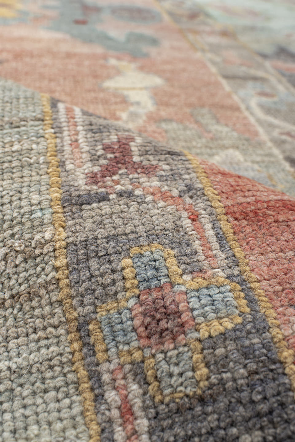 9' x 12' one-of-a-kind handmade vintage Oushak large size rug. Color palette: gray, salmon, aqua, slate, ivory, rust, taupe