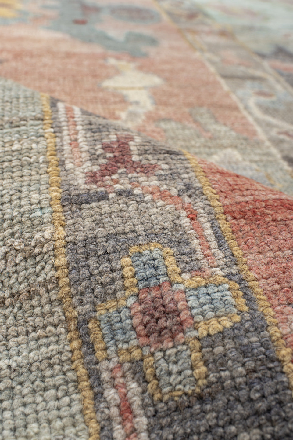 9' x 12' one-of-a-kind handmade vintage Oushak large size rug. Color palette: gray, salmon, aqua, slate, ivory, rust, taupe