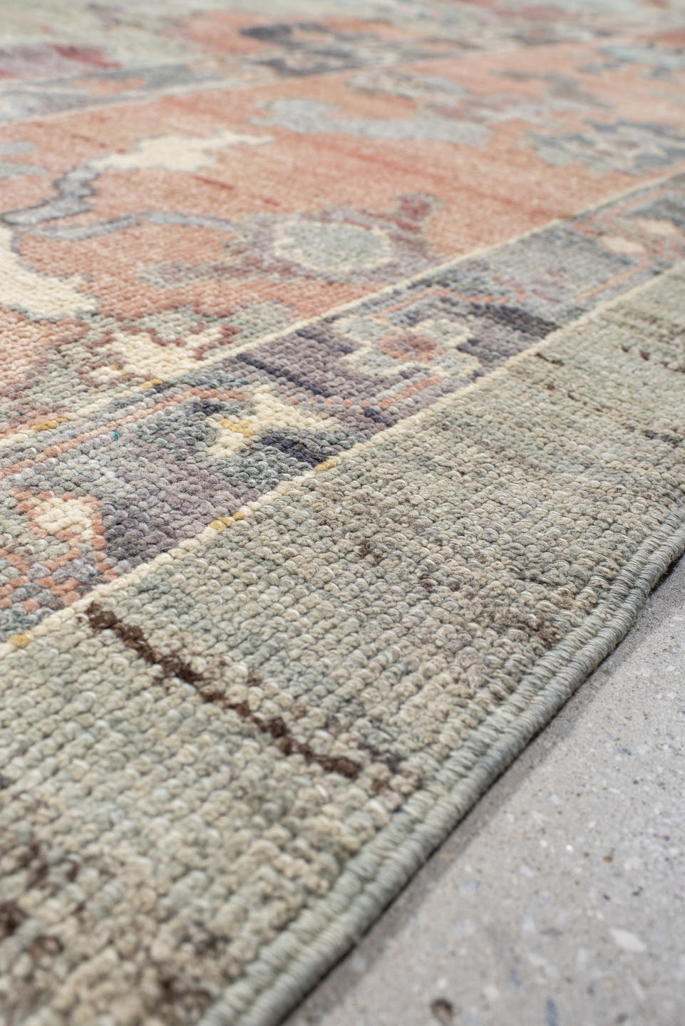 9' x 12' one-of-a-kind handmade vintage Oushak large size rug. Color palette: gray, salmon, aqua, slate, ivory, rust, taupe