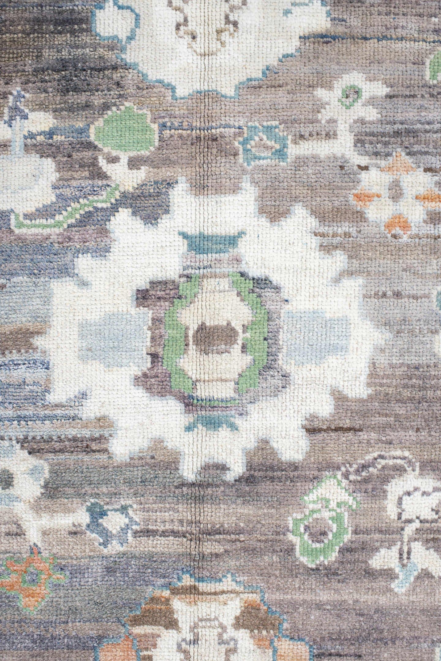 9' x 11' one-of-a-kind handmade vintage Oushak large size rug. Color palette: charcoal, apricot, ivory, sky blue, sage