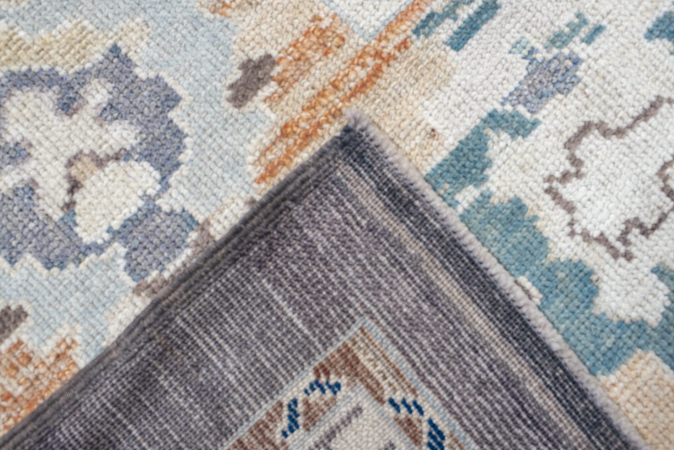 9' x 11' one-of-a-kind handmade vintage Oushak large size rug. Color palette: charcoal, apricot, ivory, sky blue, sage