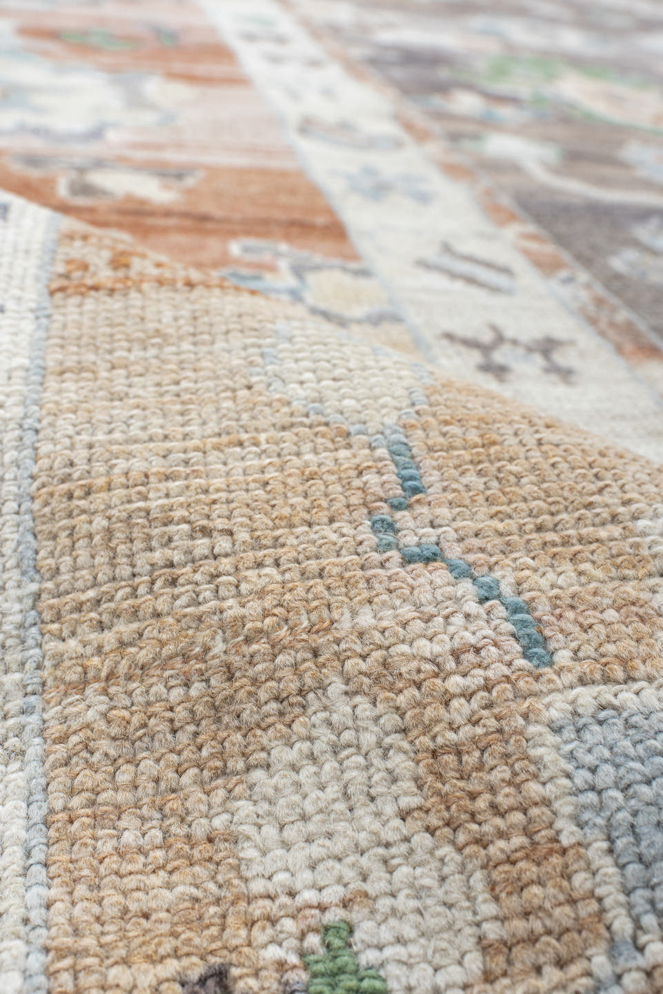9' x 11' one-of-a-kind handmade vintage Oushak large size rug. Color palette: charcoal, apricot, ivory, sky blue, sage