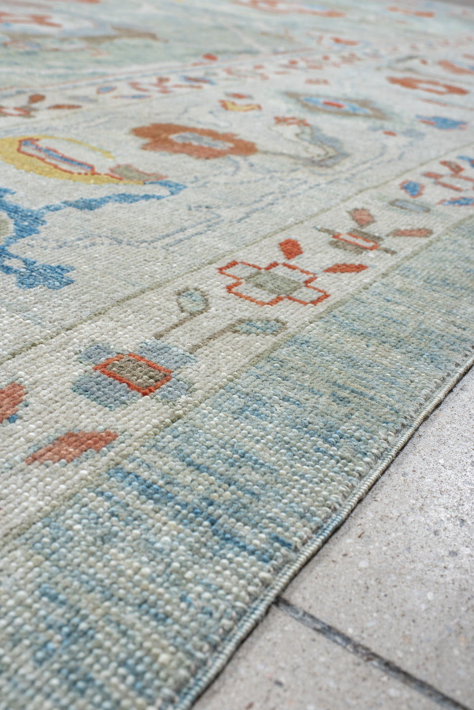 12' x 12' one-of-a-kind handmade vintage Sultanabad oversize rug. Color palette: aqua, ivory, coral, taupe, sky_blue, gold