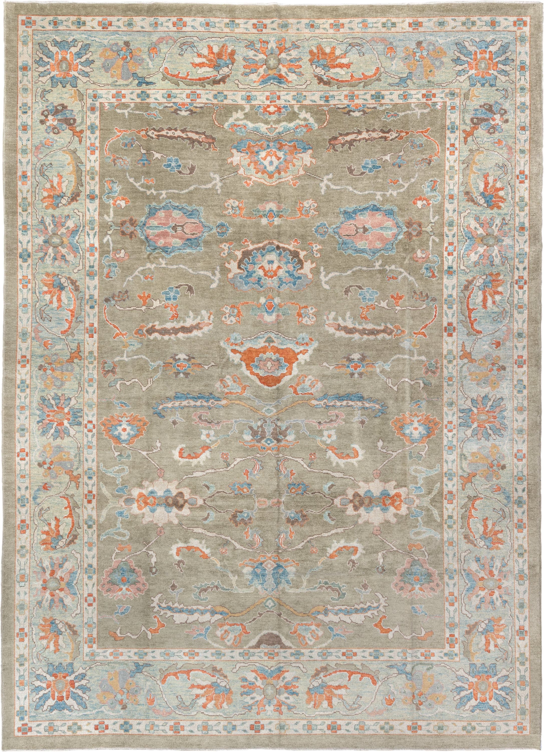 10' x 13' one-of-a-kind handmade vintage Sultanabad large size rug. Color palette: sage, ivory, sky blue, coral, taupe