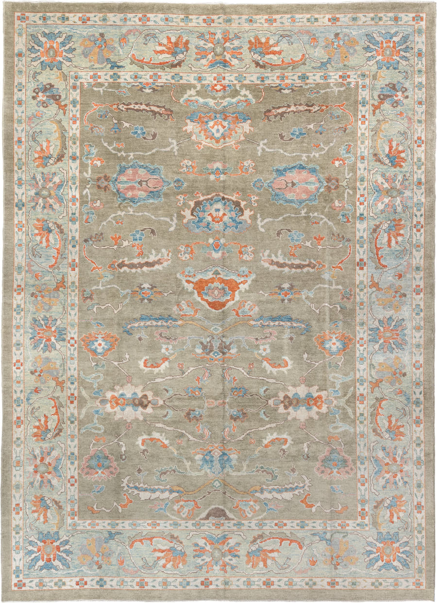 10' x 13' one-of-a-kind handmade vintage Sultanabad large size rug. Color palette: sage, ivory, sky blue, coral, taupe