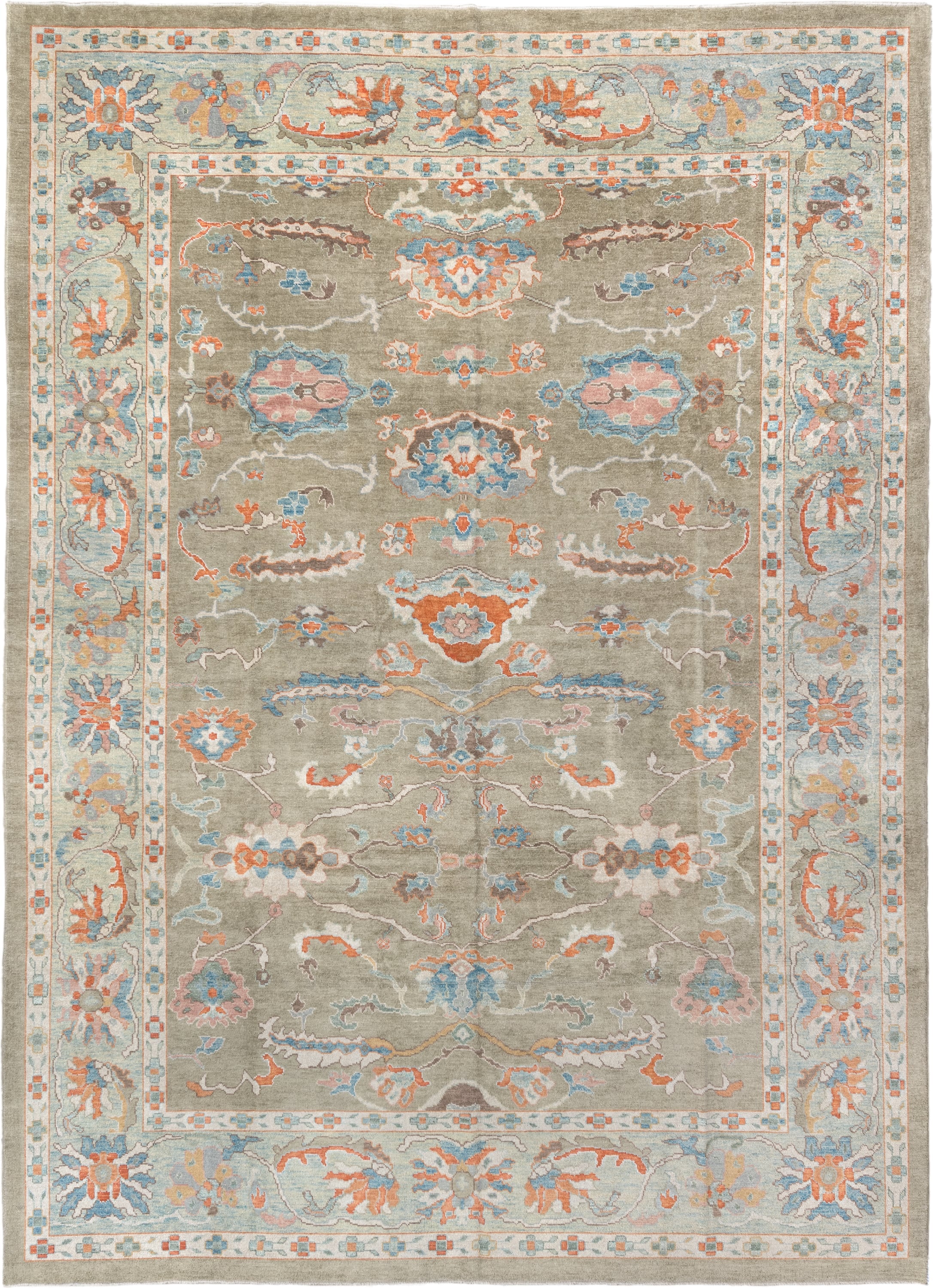 10' x 13' one-of-a-kind handmade vintage Sultanabad large size rug. Color palette: sage, ivory, sky blue, coral, taupe